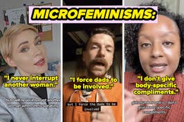 Collage of three people sharing their personal microfeminism practices related to dialogue, inclusion, and compliments