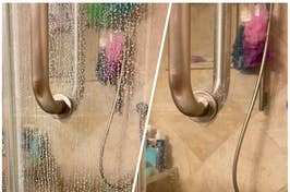 Water droplets on a shower door, partially revealing bathroom items behind the glass