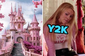 On the left, a dreamy castle surrounded by flowers, and on the right, Regina George from Mean Girls labeled Y2K