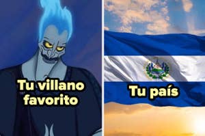 Meme con dos paneles, uno mostrando a Hades de Hércules con texto "Tu villano favorito" y otro con la bandera de El Salvador "Tu país"