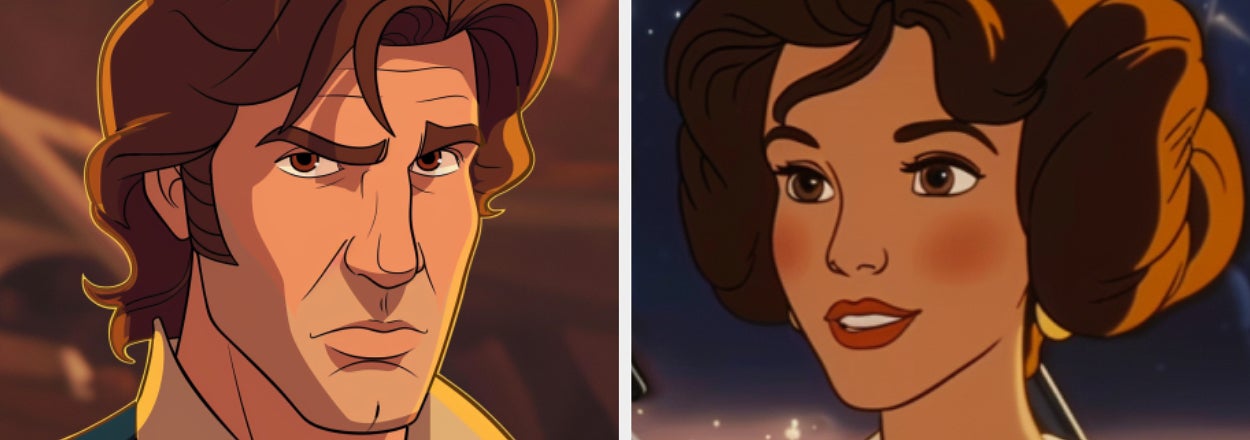 Cartoon images of Han Solo and Princess Leia from "Star Wars" with their names captioned below them