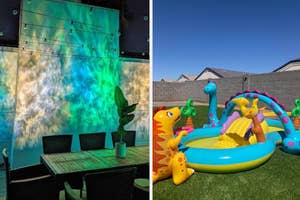 Inflatable dinosaur-themed children's pool with slide and play area in a backyard setting