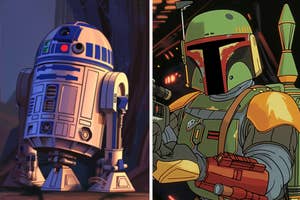 R2-D2 and Boba Fett from Star Wars, standing separately in animated styles