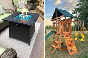 Two images: Left shows a patio fire pit table, right displays a kids' inflatable pool with play features