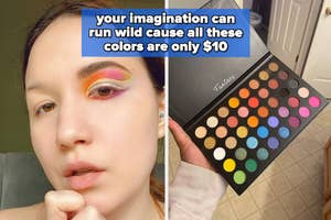 reviewer showing eye makeup look using affordable eyeshadow palette displayed "your imagination can run wild cause all these colors are only $10"
