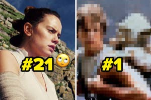 Side-by-side images: left shows a thoughtful character Rey from Star Wars marked "#21"; right is blurred with a ranking number 1