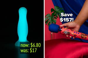 blue glow-in-the-dark dildo on display and model holding blue and red wand vibrator with graphics on handle