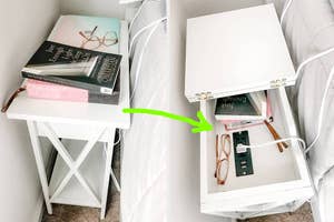 Two side-by-side images of a white nightstand, one with items on top and the second showing the drawer open with items inside