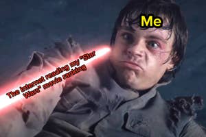 Red lightsaber pointed at Luke Skywalker