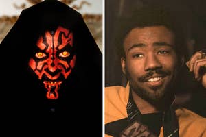 Two side-by-side images: left, Darth Maul from Star Wars; right, a smiling Donald Glover in a yellow jacket