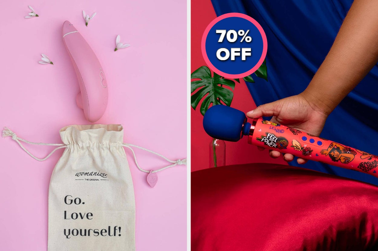 Two images; left shows a personal massager with a pouch, right displays a handheld massager on sale
