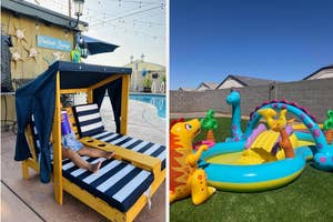 Child plays in a wooden cabana-style sandbox and an inflatable pool with a slide and animal figures beside a pool. Perfect for family summer fun