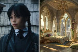 On the left, Jenna Ortega as Wednesday Addams in school uniform, and on the right, a luxurious bedroom with a chandelier