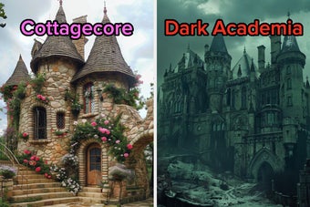 On the left, a cottage style castle covered in flowers labeled Cottagecore, and on the right, a gothic castle labeled Dark Academia