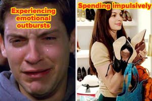 Split image: left shows a person crying, right shows another holding shoes, indicating mood swings and spending habits