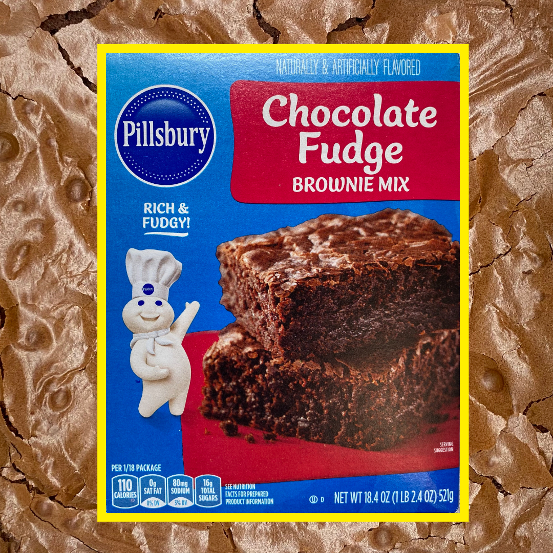 Box of Pillsbury Chocolate Fudge Brownie Mix overlayed over an image of Pillsbury brownies