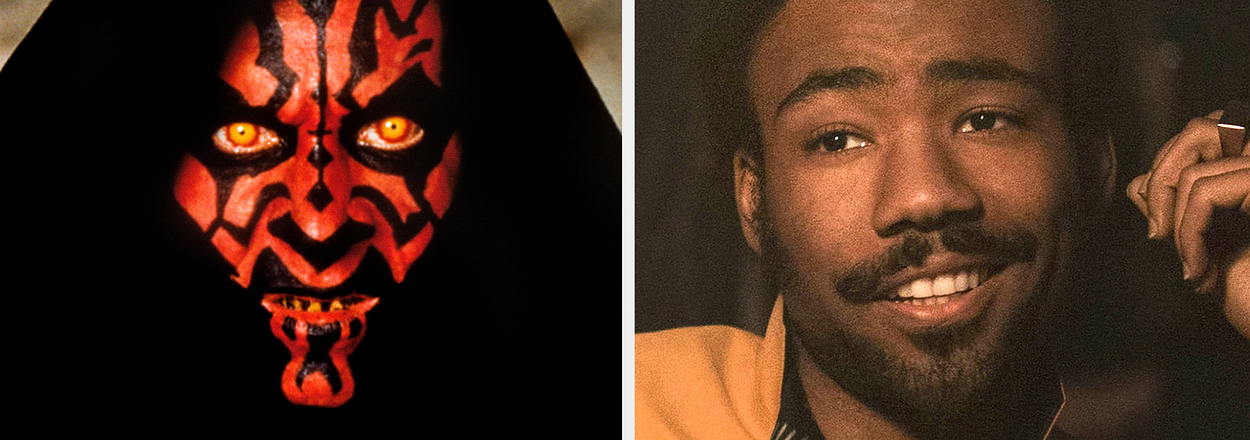 Two side-by-side images: left, Darth Maul from Star Wars; right, a smiling Donald Glover in a yellow jacket