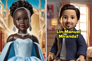 Two dolls resembling historical figures in formal attire, one possibly of Lin-Manuel Miranda