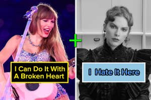 Collage of Taylor Swift performing live and in a still from a music video, with text from possible song titles