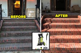 "Before and after comparison of a staircase cleaning, with an inset image of a pressure washer."