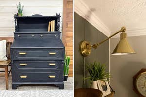 Vintage-style black dresser with brass handles beside a cactus. Wall-mounted lamp with adjustable arm over a plant and clock