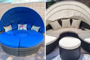 Two outdoor daybeds: one with blue upholstery and pillows, the other striped with a cat lounging