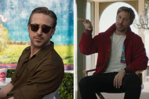 Ryan Gosling in a brown shirt on the left; in a red jacket and white shirt on the right