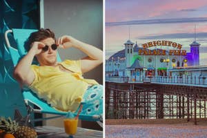 Left: Naill Horan lounging with sunglasses and casual attire. Right: A pier with "Brighton Palace Pier" sign illuminated at dusk
