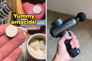 Hand holding an antacid with a bottle labeled "antacids" and hand another holding a massage gun
