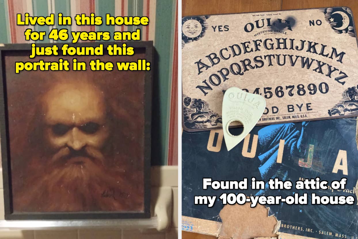 Side-by-side images: Left shows a portrait of a bearded figure discovered in a house wall. Right depicts an Ouija board found in an attic