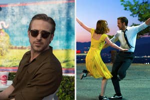 Ryan Gosling posing at an event; Ryan Gosling and Emma Stone dancing in a scene from La La Land