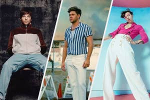 Louis Tomlinson seated in a hoodie, Niall Horan standing in a striped shirt, Harry Styles posing in a pink jacket and white trousers