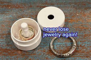 Jewelry holder with a mortar-shaped design and a bracelet beside it, text overlay: "never lose jewelry again!"