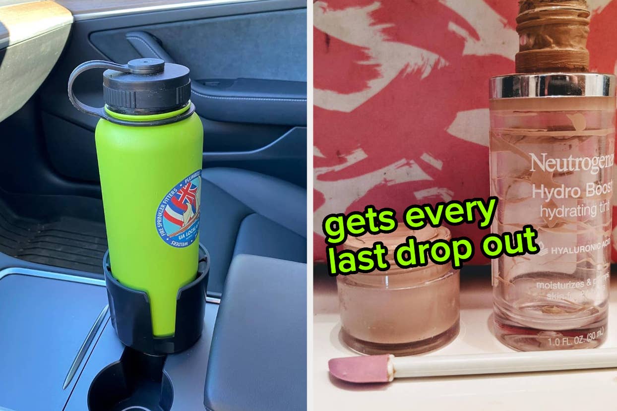 water bottle in a car cup holder and makeup spatula with empty bottle