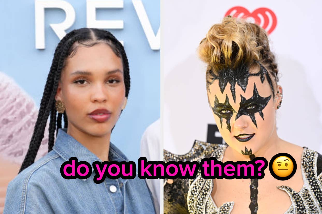 Side-by-side images of Zoë Kravitz in a denim outfit and a person with star makeup and a decorative hairstyle, with text "do you know them?"