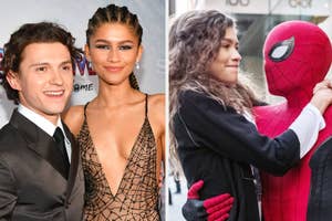 Two images: Left, a man in a suit and a woman in a sheer dress with embellishments; right, a person in a Spider-Man costume with a fan