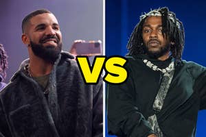 Split image of Drake in a fur coat on the left and Kendrick Lamar performing on the right with an "omg" graphic in the center