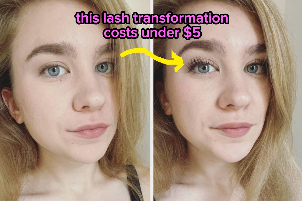 BuzzFEed writer shows before and after results of an affordable mascara "this lash transformation costs under $5"