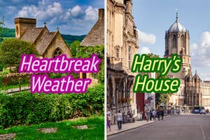 Split image: left shows a quaint village, text "Heartbreak Weather"; right is a city street, text "Harry's House"
