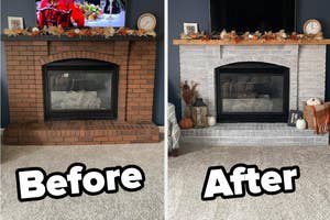Fireplace before and after renovation, from brick finish to painted white, with surrounding decor items