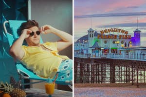 Left: Naill Horan lounging with sunglasses and casual attire. Right: A pier with "Brighton Palace Pier" sign illuminated at dusk