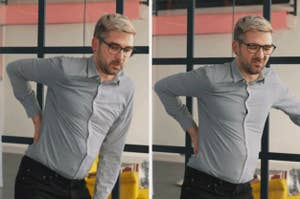 Man stretching back, touching hip, possibly demonstrating an office-friendly exercise or stretch