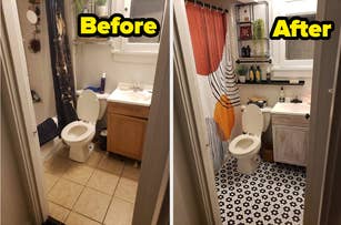 Before and After images of a bathroom renovation, showing updated decor and fixtures