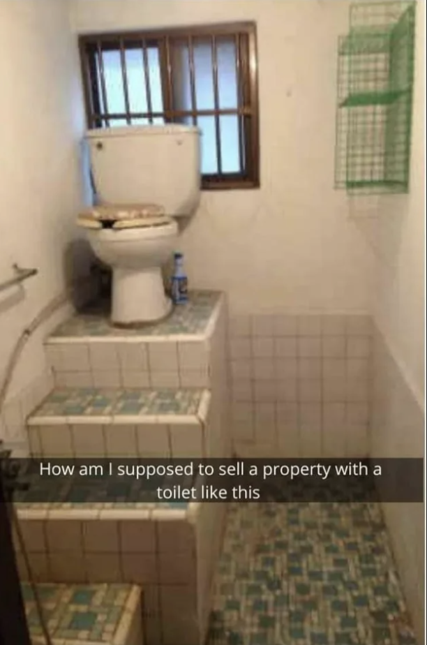 A toilet is elevated on a tiled platform in a bathroom, with a humorous caption about selling the property