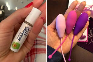 Person holding a migraine stick in their hand; another person holding three kegel weights in their hand
