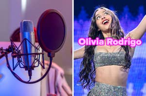 On the left, a microphone in a recording studio, and on the right, Olivia Rodrigo in a glittery outfit performing