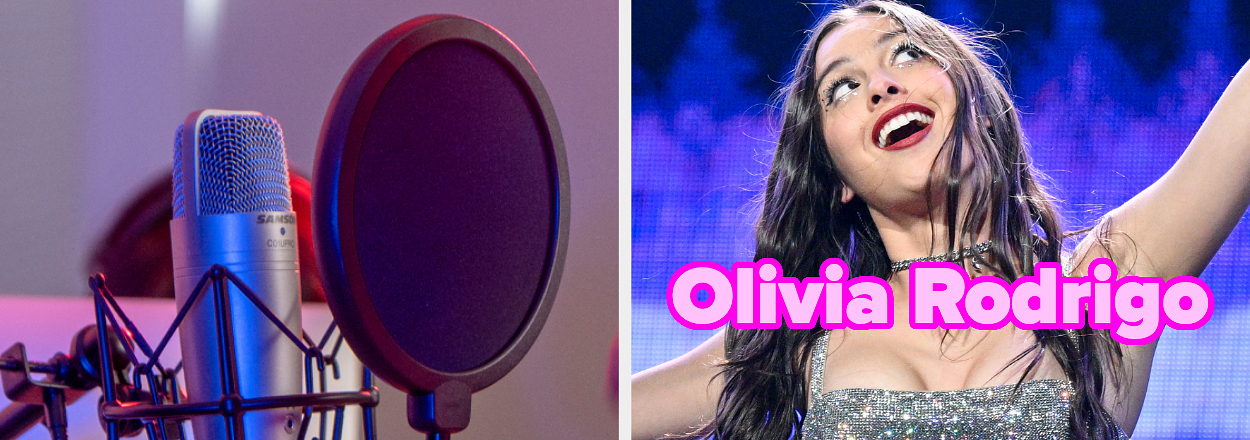 On the left, a microphone in a recording studio, and on the right, Olivia Rodrigo in a glittery outfit performing