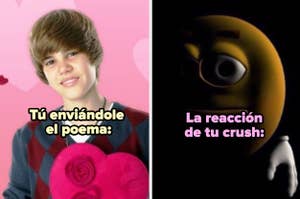 Fotomontaje con dos paneles, a la izquierda, Justin Bieber joven sosteniendo una rosa, y a la derecha, una ilustración de una cara sonriente en sombras