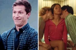 Split image; left: character Jake Peralta smirking; right: three characters in a close embrace