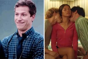 Split image; left: character Jake Peralta smirking; right: three characters in a close embrace